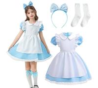 Moerstar Robe Princesse Fille Deguisement Alice avec Tablier Blanc Bandeau et Chausettes pour Enfant Carnaval Halloween Noël Cosplay