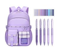 Moerstar Sac à dos d'écolier pour adolescentes, grande capacité, avec pendentif mignon, sac d'école pour 3e et 5e classe, grande capacité, loisirs voyages, école, lilas, L