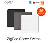 Moes Interrupteur à Commande Wifi, Contrôle, Bouton Poussoir, sans Fil, Alimentation Batterie Automatique, Appareil Tuya ZigBee, 4 Commutateurs, 12 Ambiances 2 Gang White
