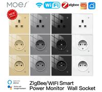 Moes Zigequation-Prise murale WiFi intelligente, panneau en verre, moniteur d'alimentation, Tuya, minuterie de contrôle sans fil, Alexa, Google Home, voix, Royaume-Uni, UE, FR Prise noire britannique