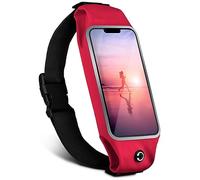 moex Ceinture de course pour Apple iPhone 14 Pro Max - Sac de course étanche - Slim Running Belt Flexible avec fenêtre - Sangle de course pour jogging - Sac banane sport - Rouge