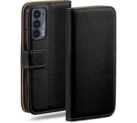 moex Étui à rabat compatible avec Motorola Edge 20, étui pour téléphone portable avec fente pour carte, étui à rabat à 360 degrés, étui pour téléphone portable en cuir végétalien, Noir profond