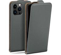 moex Étui de protection à rabat pour iPhone 15 Pro Max, avec protection à 360 °, avec film de protection d'écran - En cuir synthétique - Gris