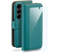 moex Lot 4 en 1 pour Samsung Galaxy S25 Ultra - Avec 3 films de protection - Compartiment pour cartes - Étui à rabat + film FlexProtect - Protection complète à 360° - Bleu pétrole
