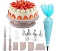 mofenmian Kit de décoration de gâteaux 15 pièces comprenant une plaque tournante, 6 douilles droites et décalées, 4 raclettes, un coupleur de glaçage, une poche à douille en silicone, des accessoires