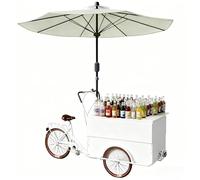 MOFGOE Tricycle Mobile avec Parapluie, vélo Alimentaire à Chargement Frontal, Stand de marché Fermier avec Grand Coffre de Rangement, pour Mariages et foires,Blanc
