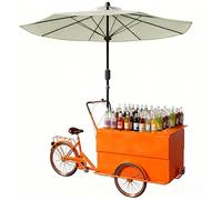 MOFGOE Tricycle Mobile avec Parapluie, vélo Alimentaire à Chargement Frontal, Stand de marché Fermier avec Grand Coffre de Rangement, pour Mariages et foires,Orange