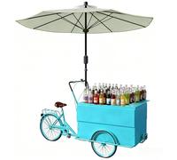 MOFGOE Tricycle Mobile avec Parapluie, vélo Alimentaire à Chargement Frontal, Stand de marché Fermier avec Grand Coffre de Rangement, pour Mariages et foires,Bleu