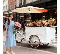 MOFGOE Tricycle Mobile de Vente, kiosque de marché Fermier avec Grand Coffre de Rangement, vélo Alimentaire à Chargement Frontal avec auvent, pour marchés et Rues,Blanc