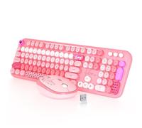 MOFII Clavier et souris sans fil, 104 touches rondes, joli clavier coloré et souris avec machine à écrire rétro pour PC/Mac/ordinateur portable/tablette/ordinateur/Windows Rose