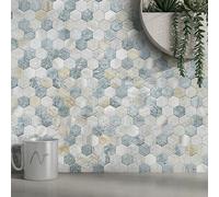 MOFIT Lot de 5 autocollants muraux hexagonaux 3D, effet marbre et mosaïque métallique résistants à la chaleur (bleu vert gris)