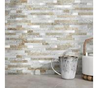 MOFIT Lot de 5 feuilles de carrelage mural autocollant 3D pour dosseret de cuisine, carreaux de mosaïque linéaire en marbre pour salle de bain, cheminée, coiffeuse (château, marron)