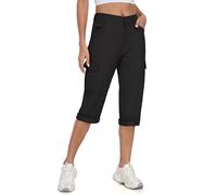 MoFiz Femme Cargo Pantalon Cotton Randonnée Capri Pants Taille Elastique Trekking Pantalon avec Poches Noir-A EU M