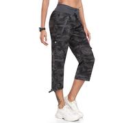 MoFiz Pantalon Cargo de Randonnée Femme Pantacourt d'été 3/4 Long Léger Capri Pantalon d'extérieur Respirant avec Poche Zippée Camouflage Gris XS
