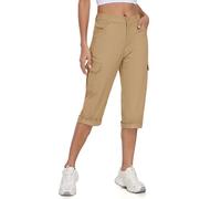 MoFiz Pantalon Cargo Femme Pantacourt été Randonnée 3/4 Pants Capri Cotton Pantalon avec Poches Kaki-A EU XL