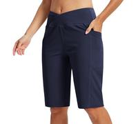 MoFiz Short de Sport pour Femmes Short Yoga Taille Haute avec Poches Leggings Courts Short Gainant Femmes Gym Bleu Marine EU L(US M)