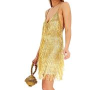 MOFLORA Robe moulante sexy avec col en V profond et dos nu en patchwork avec franges et pompons pour femme, doré, Taille XL