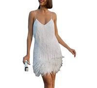 MOFLORA Robe moulante sexy avec col en V profond et dos nu en patchwork avec franges et pompons pour femme, Blanc plume., Taille S