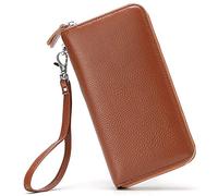 Moflycom Portefeuille pour femme en cuir véritable avec blocage RFID et fermeture éclair autour du poignet, marron, Large, Portefeuille RFID