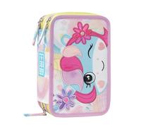 MOFU MOFU - Trousse scolaire officielle Mofu Mofu, trousse 3 compartiments fille et enfant avec kit de papeterie, stylos effaçables bleus et rouges, et fermeture à glissière pratique, 20 x 13 x 7 cm,
