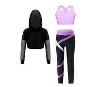 Moggemol 3 Pieces Ensemble Danse Moderne Jazz Fille Sweat A Capuche Brassière Hip Hop Jogger Legging Tenue Danse Lavande 11-12 ans