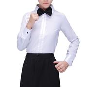 Moggemol Chemise De Danse Latine pour Garçons À Manches Longues avec Revers Et Nœud Papillon Body pour Enfants Tango Salsa Jazz Salle De Bal Vêtements De Danse Blanc 9-10 Ans