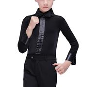 Moggemol Chemise De Danse Latine pour Garçons À Manches Longues avec Revers Et Nœud Papillon Body pour Enfants Tango Salsa Jazz Salle De Bal Vêtements De Danse Noir 9-10 Ans