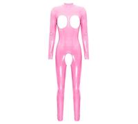 Moggemol Combinaison Intégrale Latex Cuir Verni pour Femmes Combinaison Ouverte Bustier Body Ouvert Effet Mouillé Lingerie Costume Érotique Féline Rose Vif XL