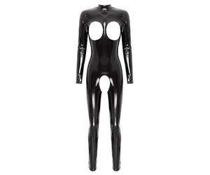 Moggemol Combinaison Intégrale Latex Cuir Verni pour Femmes Combinaison Ouverte Bustier Body Ouvert Effet Mouillé Lingerie Costume Érotique Féline Noir 4XL
