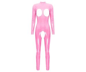 Moggemol Combinaison Intégrale Latex Cuir Verni pour Femmes Combinaison Ouverte Bustier Body Ouvert Effet Mouillé Lingerie Costume Érotique Féline Rose Vif M