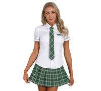 Moggemol Costume Cosplay Fille École Uniforme Étudiante Déguisement Chemise avec Mini Jupe À Carreaux Et Cravate Ensemble 3 Pièces Tenue Vert M