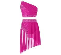 Moggemol Enfants Fille Danse Tenue Paillettes Standard Latin Robe De Danse Une Épaule Recadrer Haut Et Balançoire Rock Dansant Vêtements De Ballet Rose Vif 7-8 Ans