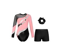 Moggemol Ensemble De Gymnastique Pour Enfants Fille Manches Longues Strass Mesh Patchwork Tenue De Gym Body Short Et Élastique À Cheveux Rose et noir 7-8 ans