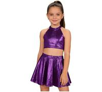 Moggemol Ensemble Top Métallique pour Mädchen Robe Danse Brillante Tenue Standard pour La Danse Latine Jazz Disco Top Citerne Glitter Robe Fête Skater Rock Violet 10-14 Ans