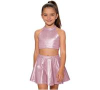 Moggemol Ensemble Top Métallique pour Mädchen Robe Danse Brillante Tenue Standard pour La Danse Latine Jazz Disco Top Citerne Glitter Robe Fête Skater Rock Rose 10-14 Ans