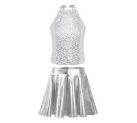 Moggemol Femme Mädchen Top sans Manches Et sans Dos en Sequins Scintillants avec Col Halterne Court Et Motifs Métalliques pour Les Spectacles Danse sur Scène Argent 9-10 Ans