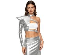 Moggemol Femme Veste Métallique en Cropped Un Epaule Luminosité pour Costume Lespace Party Rave Et Sortie en Nuit Club Argent XL