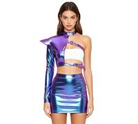 Moggemol Femme Veste Métallique en Cropped Un Epaule Luminosité pour Costume Lespace Party Rave Et Sortie en Nuit Club Bleu XL