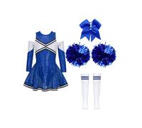 Moggemol Fille Cheerleader Uniforme Tenue De Cheerleading Avec Pompons Chaussettes Et Accessoires Pour La Tête Costumes De Carnaval Pour Enfants Un bleu 5-6 ans