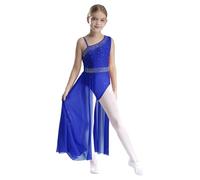 Moggemol Fille Lyrique Robe De Danse Bretelles Spaghetti Paillettes Strass Justaucorps De Danse Ballet Corps avec Fente Balançoire Jupe Longue Contemporain Costume Bleu Royal 11-12 Ans