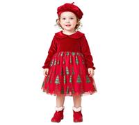 Moggemol Fille Robe Élégante pour Petite d'anniversaire De Noël avec Béret | Fêtes Et Défilés De Vacances,Pour Les Photos Famille,Jupe En Tulle À Imprimé Sapin Noël,Mariée,Demoiselle D'Honneur