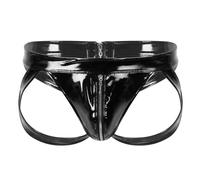 Moggemol Hommes Wetlook String Tanga Ouvert Jockstrap Hommes Sexy sous-vêtements en Cuir Verni Slip Ouvert À L'arrière Noir XL