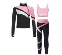 Moggemol Mädchen Patinage Artistique Tenue Sport Vêtement Crop Débardeur Sweat À Manches Longues Et Leggings Ensemble Pièces Enfant Tenue De Danse Sur Glace Rose 15-16 ans