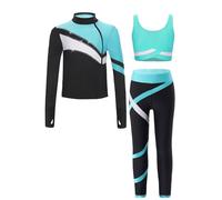 Moggemol Mädchen Patinage Artistique Tenue Sport Vêtement Crop Débardeur Sweat À Manches Longues Et Leggings Ensemble Pièces Enfant Tenue De Danse Sur Glace Bleu Vert 11-12 ans