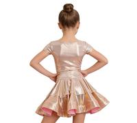 Moggemol Mädchen Robe Danse Enfant Danse Latine Robe Ballet pour des Performances Costumes Latins avec Paillettes Tenue Costume Salsa Or Rose 11-12 Ans