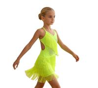 Moggemol Mädchen Robe De Danse sans Manches Aveugle Strass Dentelle De La Mode Standard du Latin Robe Dos Nu pour La Fête De Ballroom Danse Moderne Jaune Fluorescent 13-14 Ans