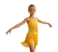 Moggemol Mädchen Robe De Danse sans Manches Aveugle Strass Dentelle De La Mode Standard du Latin Robe Dos Nu pour La Fête De Ballroom Danse Moderne Jaune 13-14 Ans
