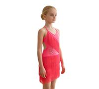 Moggemol Mädchen Robe De Danse sans Manches Aveugle Strass Dentelle De La Mode Standard du Latin Robe Dos Nu pour La Fête De Ballroom Danse Moderne Rose Fluo 13-14 Ans