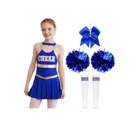 Moggemol Mädchen Uniforme Robe Pompons De Cheerleading Chaussettes Et Ruban Élastique À Cheveux Costume De Danse Pour Fête Carnaval B Bleu 11-12 ans
