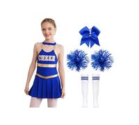 Moggemol Mädchen Uniforme Robe Pompons De Cheerleading Chaussettes Et Ruban Élastique À Cheveux Costume De Danse Pour Fête Carnaval Un bleu 5-6 ans